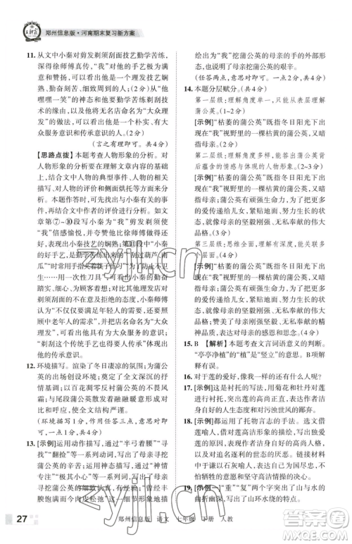 江西人民出版社2023王朝霞期末真题精编七年级下册语文人教版郑州专版参考答案