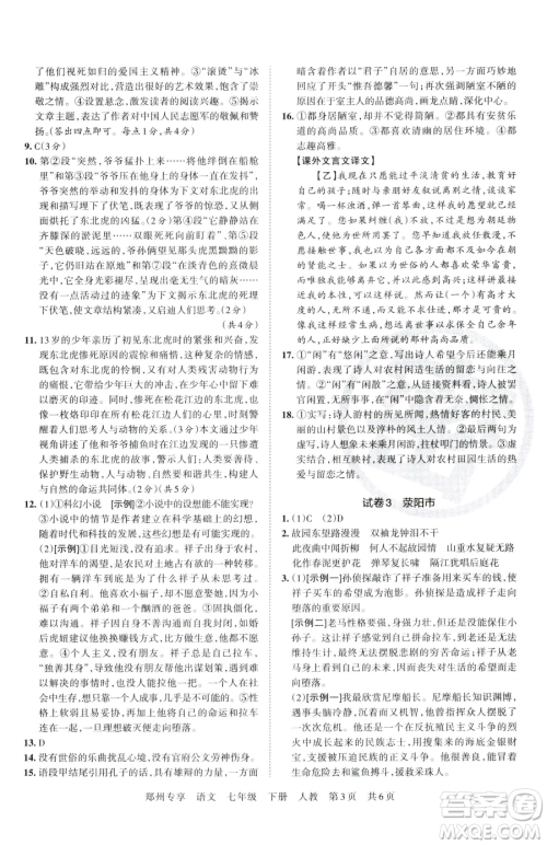 江西人民出版社2023王朝霞期末真题精编七年级下册语文人教版郑州专版参考答案