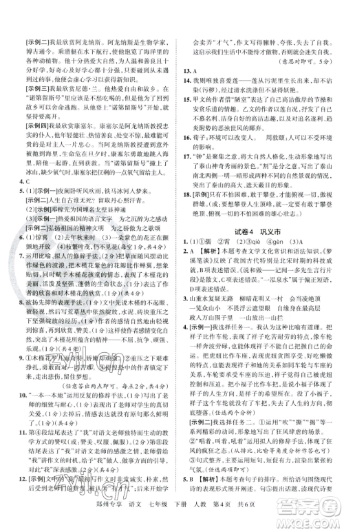 江西人民出版社2023王朝霞期末真题精编七年级下册语文人教版郑州专版参考答案