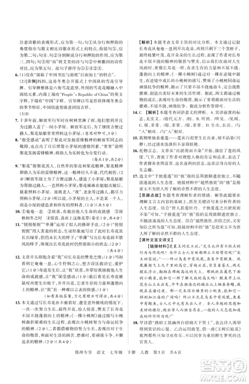 江西人民出版社2023王朝霞期末真题精编七年级下册语文人教版郑州专版参考答案