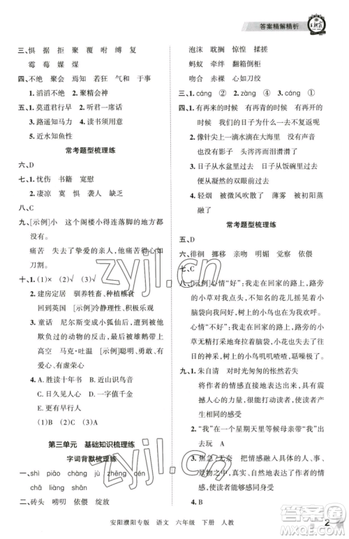 江西人民出版社2023王朝霞期末真题精编六年级下册语文人教版安濮专版参考答案