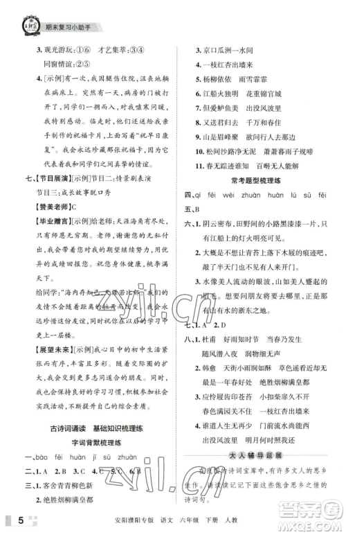 江西人民出版社2023王朝霞期末真题精编六年级下册语文人教版安濮专版参考答案 江西人民出版社2023王朝霞期末真题精编六年级下册语文人教版安濮专版参考答案