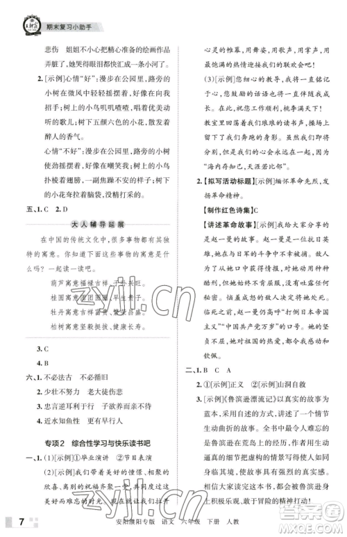 江西人民出版社2023王朝霞期末真题精编六年级下册语文人教版安濮专版参考答案