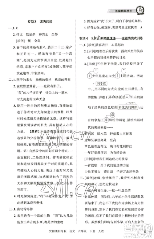 江西人民出版社2023王朝霞期末真题精编六年级下册语文人教版安濮专版参考答案