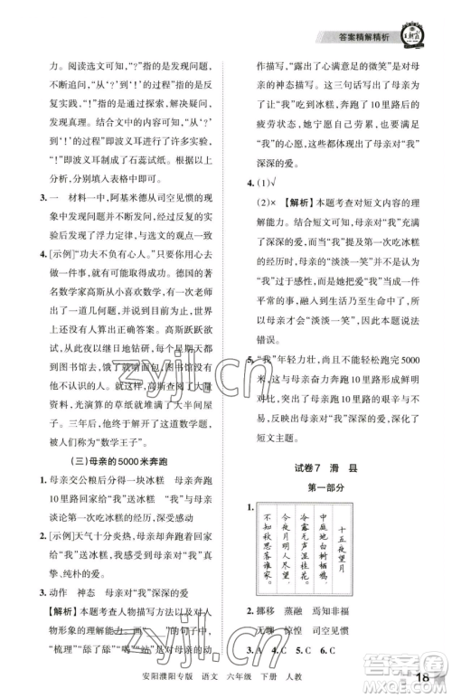 江西人民出版社2023王朝霞期末真题精编六年级下册语文人教版安濮专版参考答案