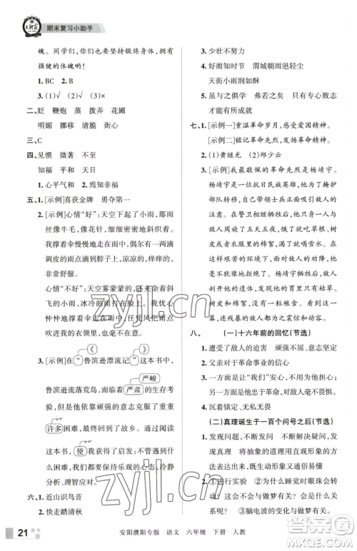 江西人民出版社2023王朝霞期末真题精编六年级下册语文人教版安濮专版参考答案