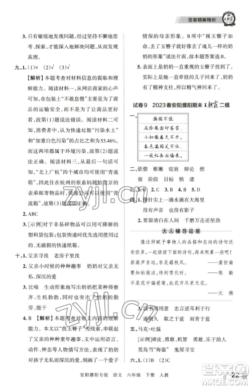 江西人民出版社2023王朝霞期末真题精编六年级下册语文人教版安濮专版参考答案