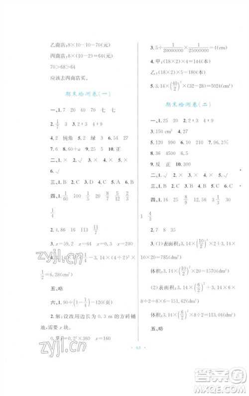 青海人民出版社2023快乐练练吧同步练习六年级数学下册人教版青海专版参考答案