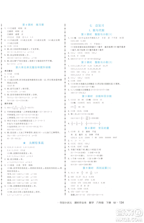 云南科技出版社2023智慧翔夺冠小状元课时作业本六年级下册数学苏教版参考答案