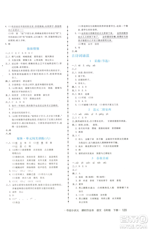 云南科技出版社2023智慧翔夺冠小状元课时作业本六年级下册语文人教版参考答案