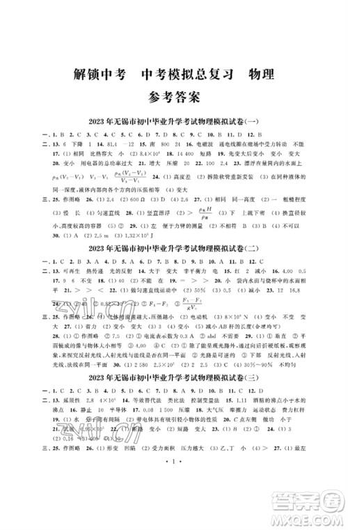 江苏凤凰科学技术出版社2023多维互动提优课堂中考模拟总复习九年级物理苏科版参考答案