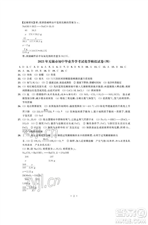 江苏凤凰科学技术出版社2023多维互动提优课堂中考模拟总复习九年级化学人教版参考答案