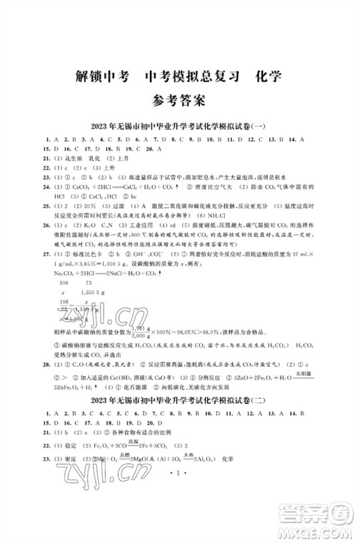 江苏凤凰科学技术出版社2023多维互动提优课堂中考模拟总复习九年级化学人教版参考答案