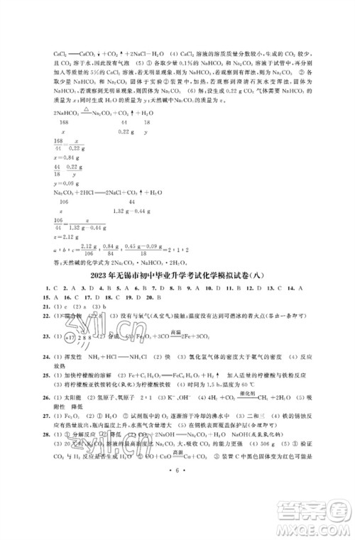 江苏凤凰科学技术出版社2023多维互动提优课堂中考模拟总复习九年级化学人教版参考答案