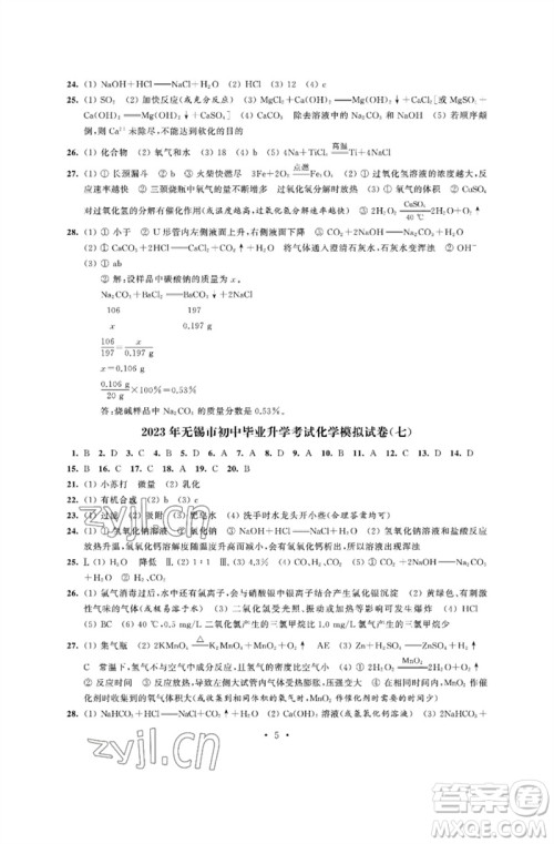 江苏凤凰科学技术出版社2023多维互动提优课堂中考模拟总复习九年级化学人教版参考答案
