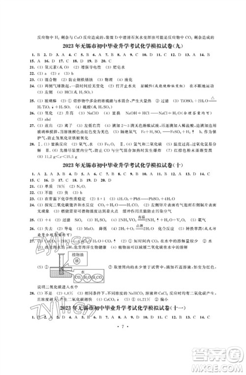 江苏凤凰科学技术出版社2023多维互动提优课堂中考模拟总复习九年级化学人教版参考答案