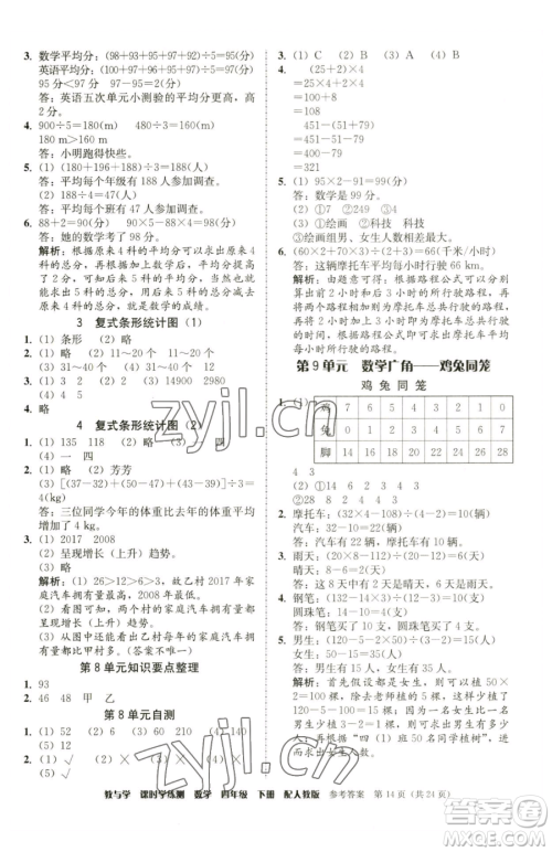 安徽人民出版社2023教与学课时学练测四年级下册数学人教版参考答案 安徽人民出版社2023教与学课时学练测四年级下册数学人教版参考答案
