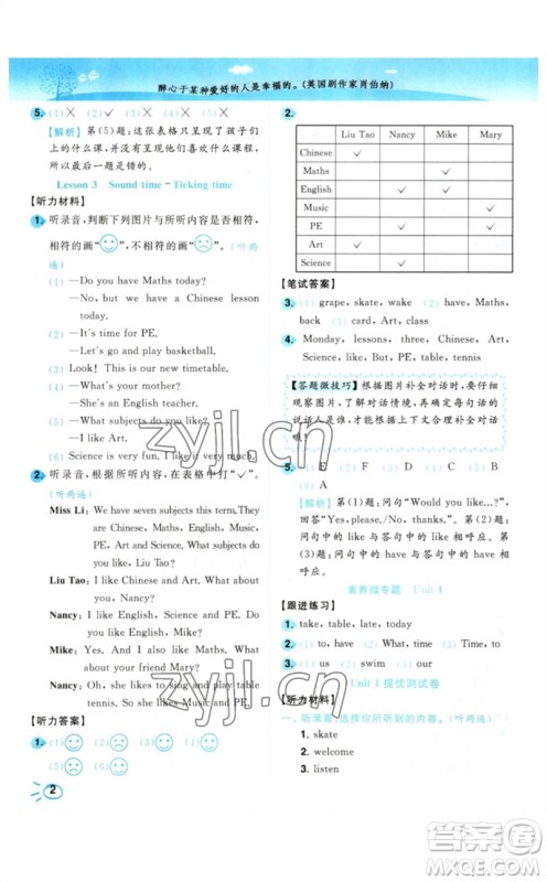 东南大学出版社2023小题狂做培优作业本四年级英语下册译林版参考答案