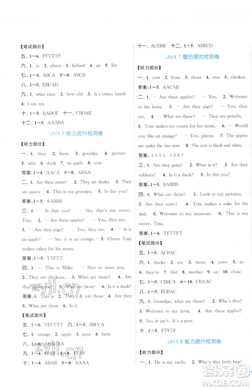 北方妇女儿童出版社2023复习金卷同步跟踪大试卷三年级下册英语译林版提优版参考答案