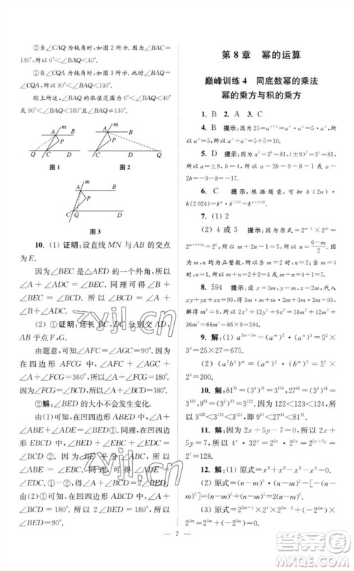 江苏凤凰科学技术出版社2023初中数学小题狂做七年级下册苏科版巅峰版参考答案