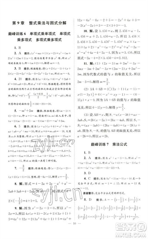 江苏凤凰科学技术出版社2023初中数学小题狂做七年级下册苏科版巅峰版参考答案