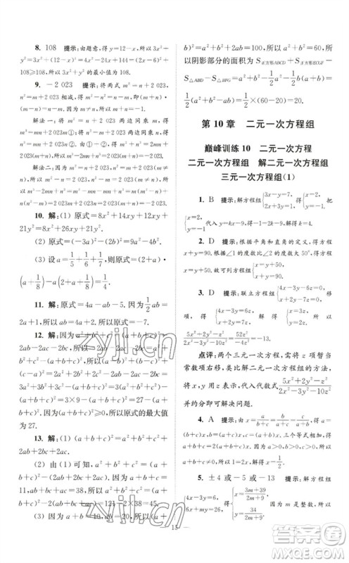 江苏凤凰科学技术出版社2023初中数学小题狂做七年级下册苏科版巅峰版参考答案