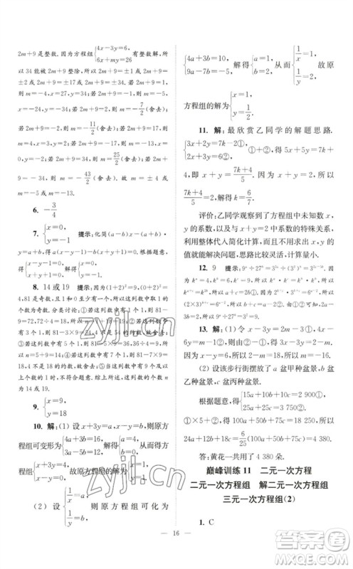 江苏凤凰科学技术出版社2023初中数学小题狂做七年级下册苏科版巅峰版参考答案