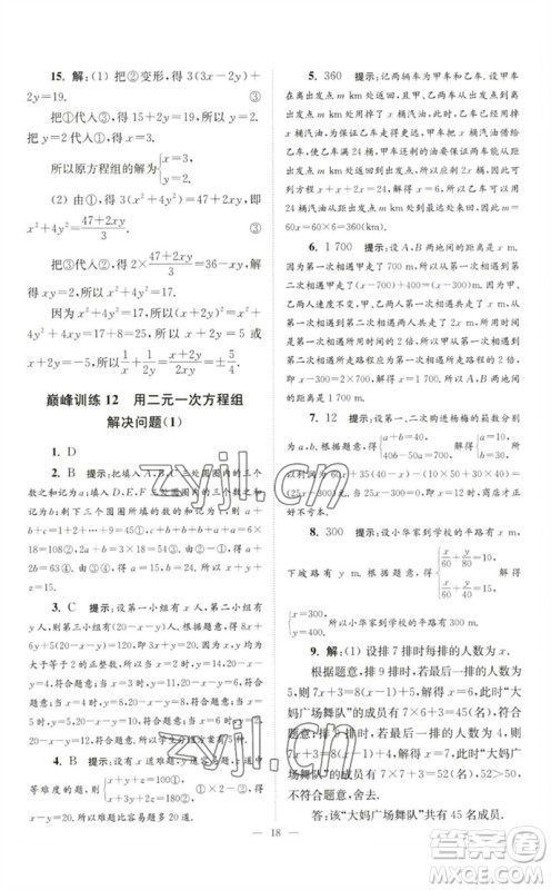 江苏凤凰科学技术出版社2023初中数学小题狂做七年级下册苏科版巅峰版参考答案