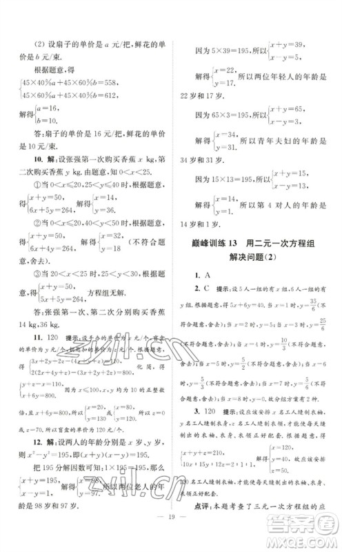 江苏凤凰科学技术出版社2023初中数学小题狂做七年级下册苏科版巅峰版参考答案