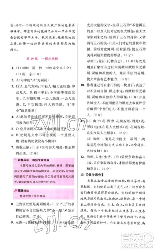 江苏凤凰科学技术出版社2023初中语文小题狂做七年级下册人教版提优版参考答案