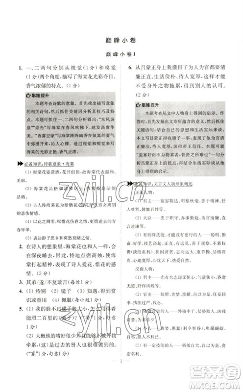 江苏凤凰科学技术出版社2023初中语文小题狂做七年级下册人教版巅峰版参考答案