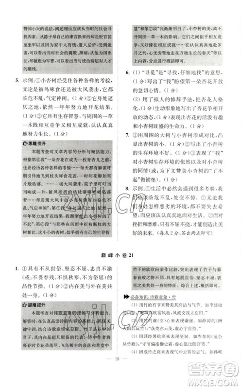 江苏凤凰科学技术出版社2023初中语文小题狂做七年级下册人教版巅峰版参考答案