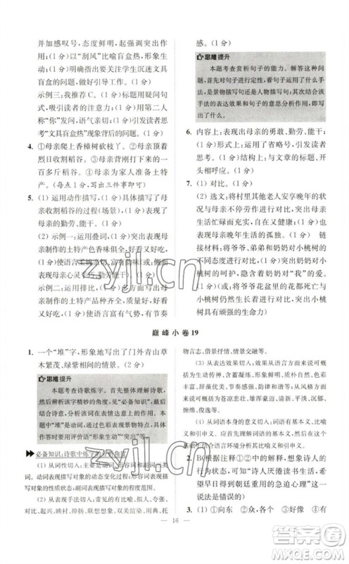 江苏凤凰科学技术出版社2023初中语文小题狂做七年级下册人教版巅峰版参考答案