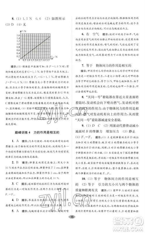 江苏凤凰科学技术出版社2023初中物理小题狂做八年级下册苏科版巅峰版参考答案