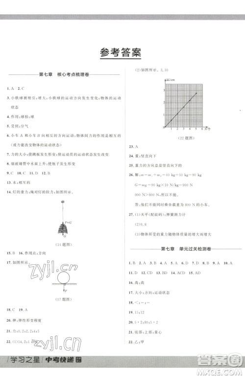 延边大学出版社2023中考快递同步检测八年级下册物理人教版大连专版参考答案