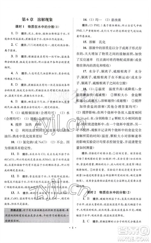 江苏凤凰科学技术出版社2023初中化学小题狂做九年级下册沪教版提优版参考答案