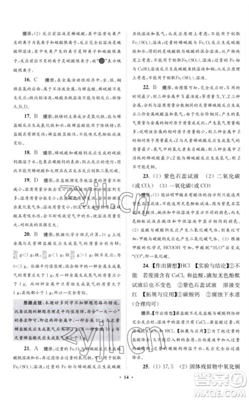 江苏凤凰科学技术出版社2023初中化学小题狂做九年级下册沪教版提优版参考答案