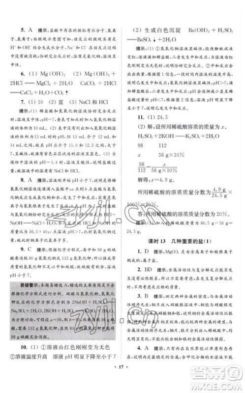 江苏凤凰科学技术出版社2023初中化学小题狂做九年级下册沪教版提优版参考答案