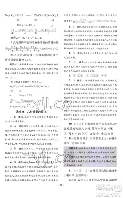江苏凤凰科学技术出版社2023初中化学小题狂做九年级下册沪教版提优版参考答案