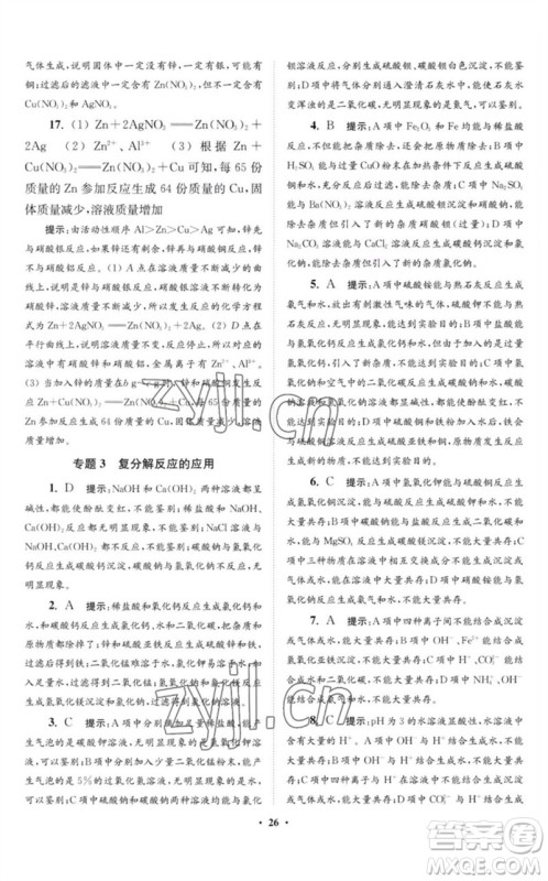江苏凤凰科学技术出版社2023初中化学小题狂做九年级下册沪教版提优版参考答案