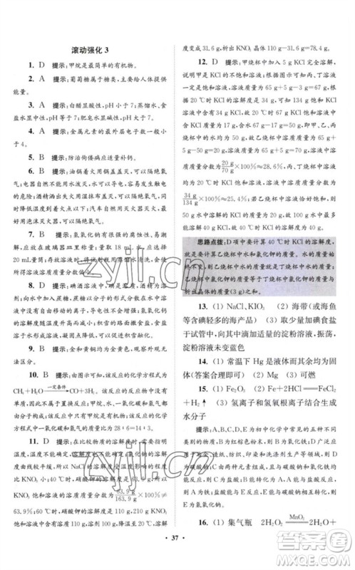 江苏凤凰科学技术出版社2023初中化学小题狂做九年级下册沪教版提优版参考答案
