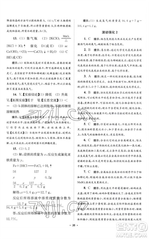 江苏凤凰科学技术出版社2023初中化学小题狂做九年级下册沪教版提优版参考答案