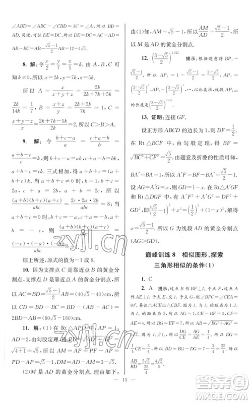 江苏凤凰科学技术出版社2023初中数学小题狂做九年级下册苏科版巅峰版参考答案