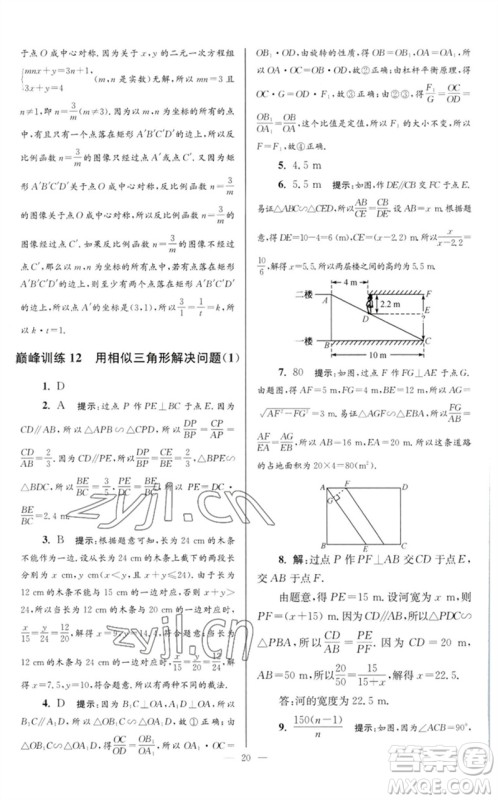 江苏凤凰科学技术出版社2023初中数学小题狂做九年级下册苏科版巅峰版参考答案