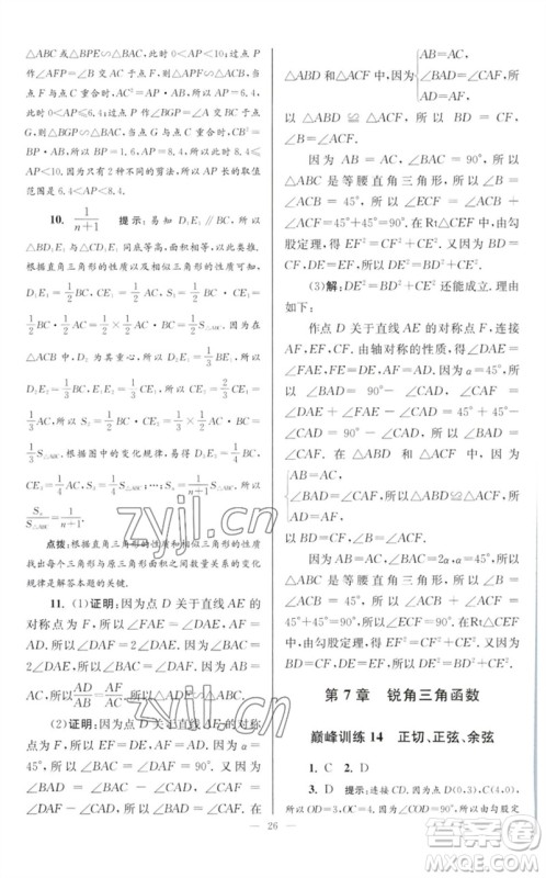 江苏凤凰科学技术出版社2023初中数学小题狂做九年级下册苏科版巅峰版参考答案