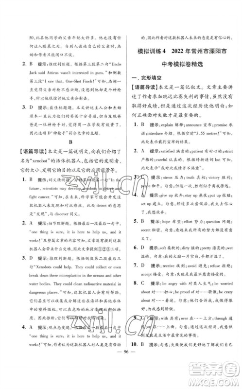 江苏凤凰科学技术出版社2023初中英语小题狂做九年级下册译林版巅峰版参考答案
