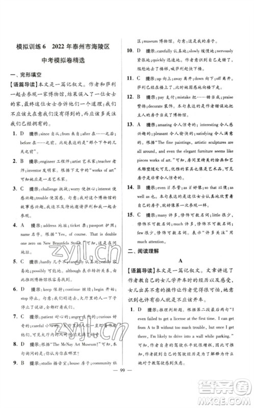 江苏凤凰科学技术出版社2023初中英语小题狂做九年级下册译林版巅峰版参考答案