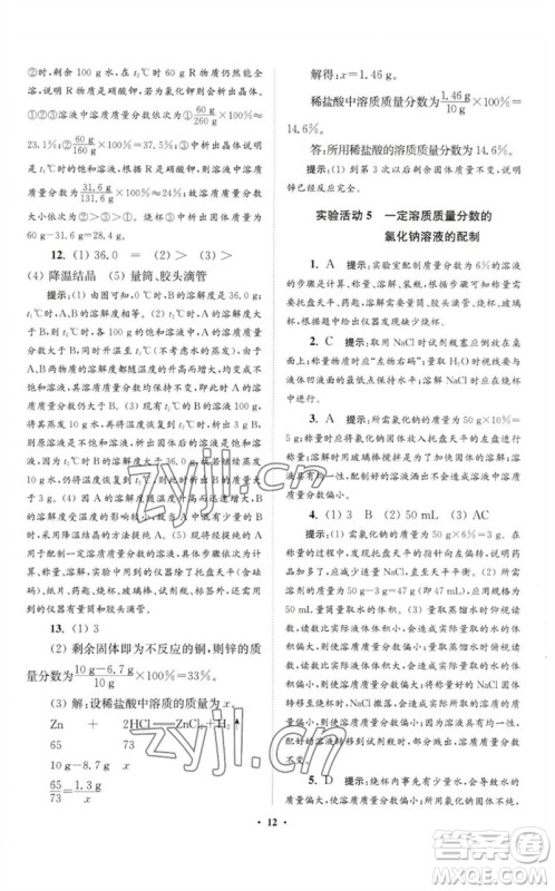 江苏凤凰科学技术出版社2023初中化学小题狂做九年级下册人教版提优版参考答案