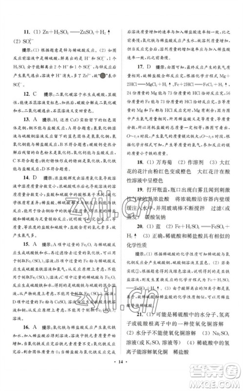 江苏凤凰科学技术出版社2023初中化学小题狂做九年级下册人教版提优版参考答案
