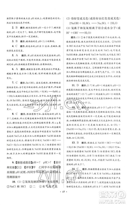 江苏凤凰科学技术出版社2023初中化学小题狂做九年级下册人教版提优版参考答案